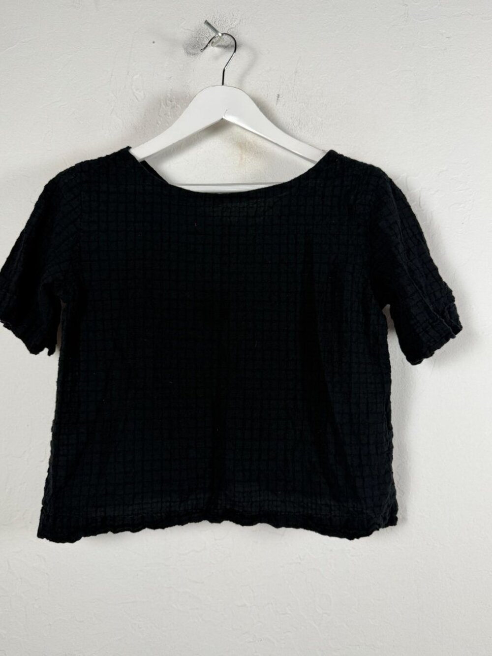 Eileen Fisher Black Plaid Seersucker Grid Textured Knit Crop Top Shirt Gothic
